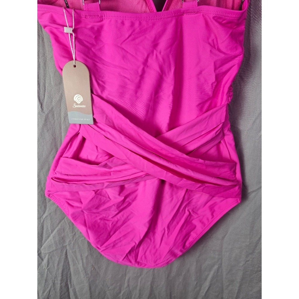 Smismivo Womens Hot Pink Tummy Control One Piece Swimsuit V-Neck Wrap Size S NWT - Picture 3 of 5